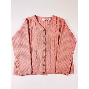 VTG Bobbie Brooks Deco Pink Chunky Knit Cardigan Sweater Coquette L Pastel Comfy